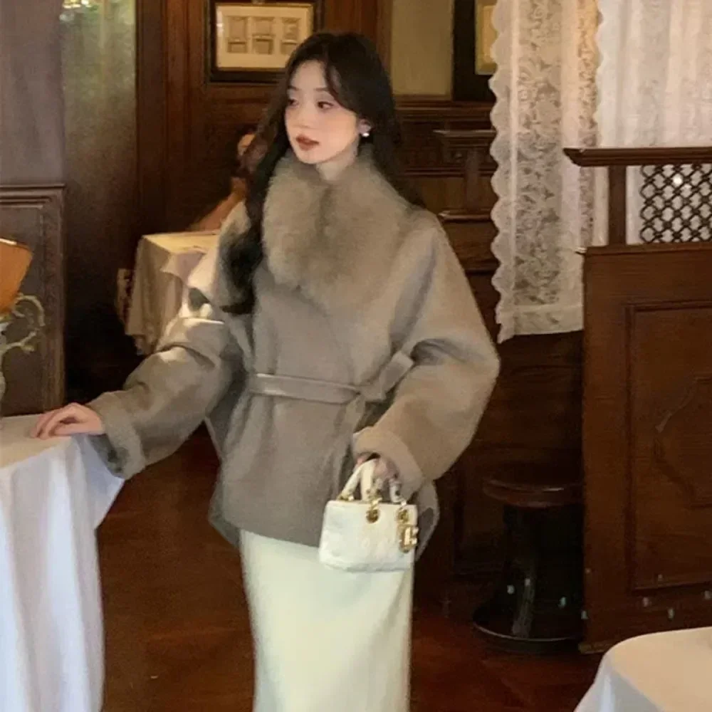 الراقية الوجهين سترة الكشمير المعنقة المرأة معطف فرو الثعلب الحقيقي الإناث الصوف سترة 2024 الخريف الشتاء جديد فضفاض معطف الصوف سيدة