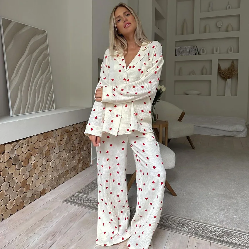 

Summer New Love Heart Print Pyjama 100% Cotton Long Sleeve Set 2Pcs Outfit Lapel Sleepwear Button Down Women's Pajamas Nightwear