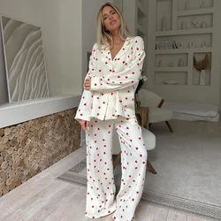 Pyjama à manches longues imprimé cœur d'amour pour femmes, vêtements de nuit à revers, ensemble de vêtements de nuit boutonnés, vêtements de nuit, 100% coton, tenue d'été, nouveau, 2 pièces