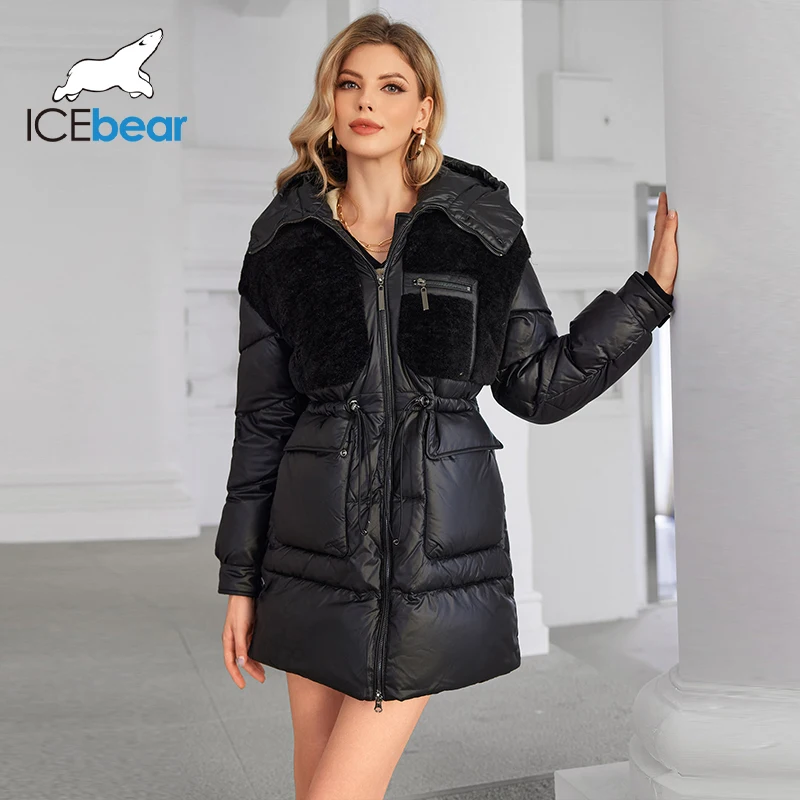 ICEbear 2024 Solid Color Fashion Women\'s Parka Natural Fur Collar Cropped Slim Casual Hooded Warm Down Jacket GWD4501I