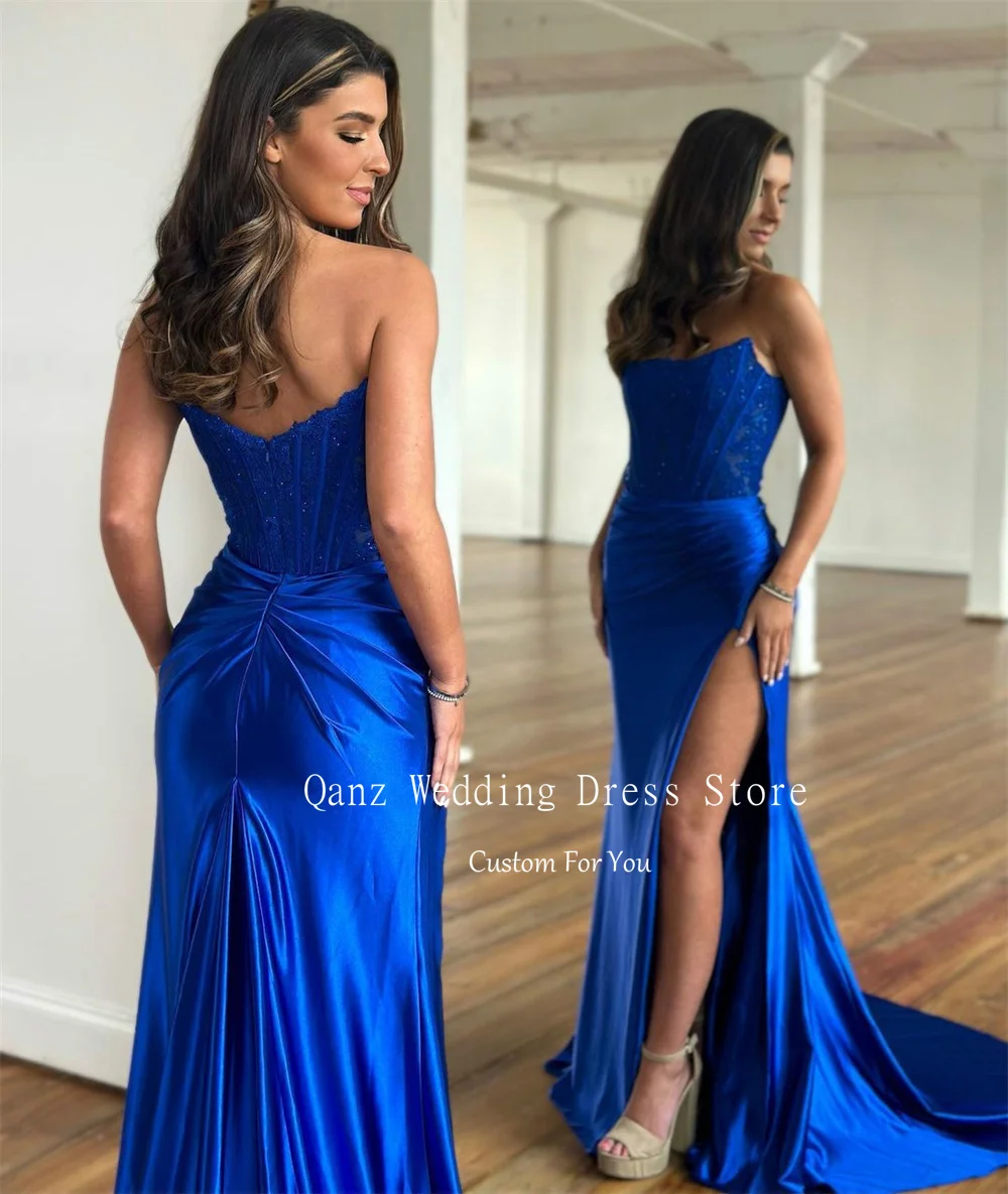 Qanz Sexy Royal Blue Evening Dresses Strapless Mermaid High Slit Prom Dresses Open Back Party Dresses Woman Elegant Customized