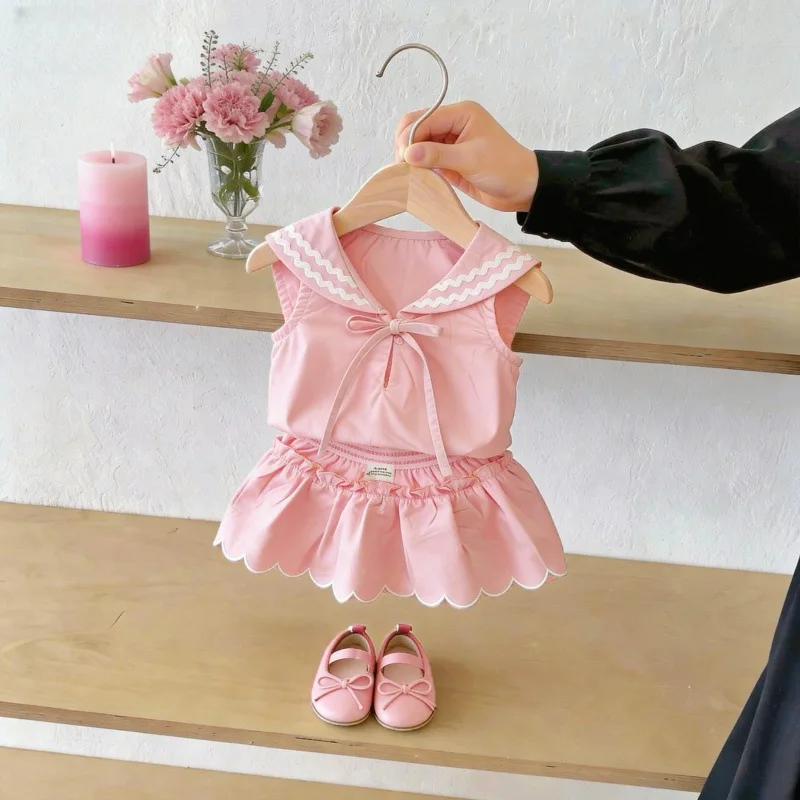 2026 Summer New Girls' Sets Sweet Cute Bow Girl's Sleeveless T-shirt Skirt Two Pieces Set Newborn Baby Girl Clothes Set