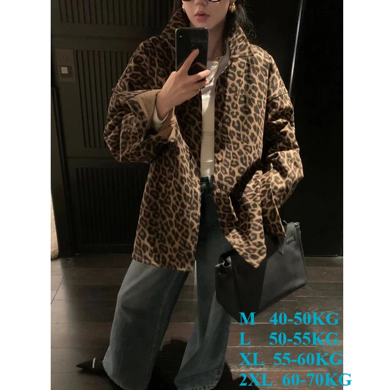 New Women\'s Retro Lapel Leopard Print Shirt Mid Length Loose Fashion Turndown Collar Tops Oversized Casual High Street Shirt