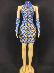 Traje de reina de cumpleaños para mujer, traje de escenario impresionante con incrustaciones de cristales, traje de actuación, ropa de espectáculo de fiesta de club nocturno, Shaokaojia azul