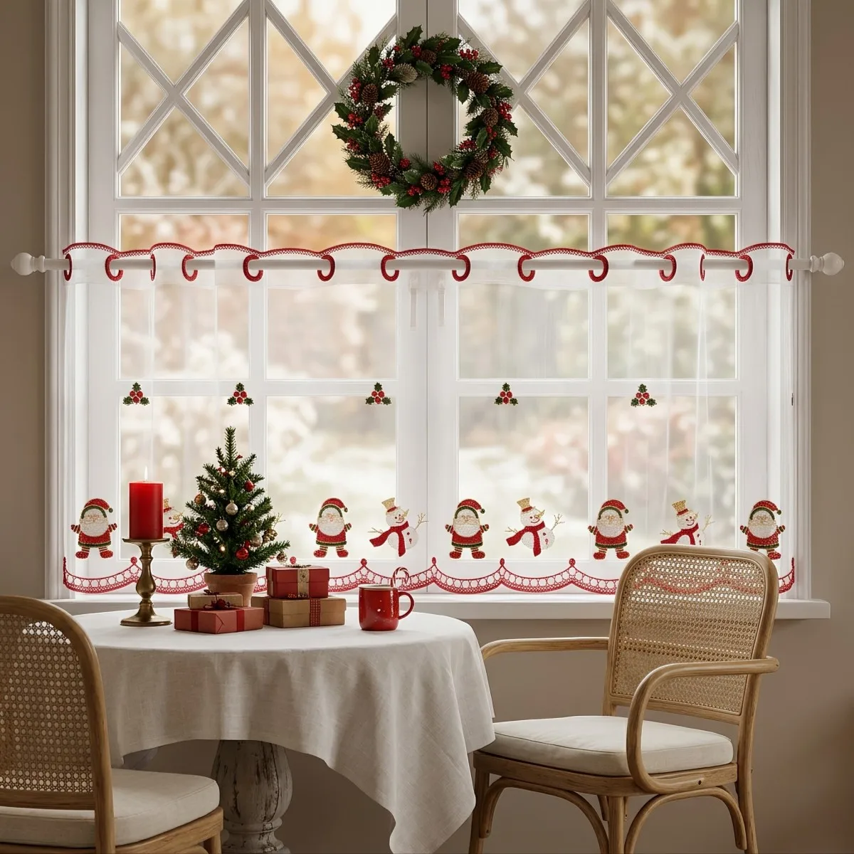 1PC Christmas embroidered window curtain,Santa Claus snowman and holly berry pattern,semi transparent gauze curtain