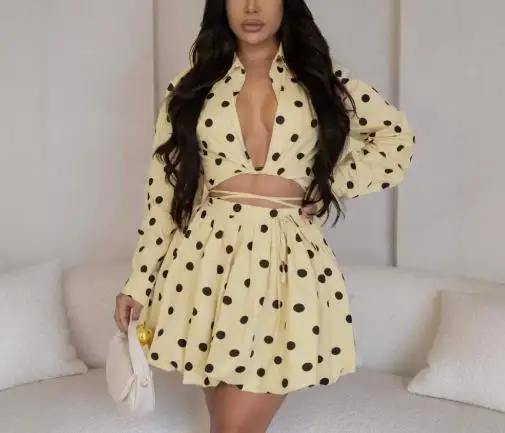 

Elegant Polka Dot Printed Lace Up Lapel Shirt and High Waisted Fluffy Skirt Set for Autumn Women's Fashion and Elegance