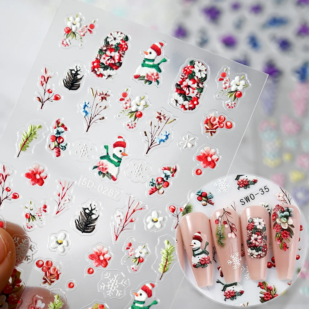 5D Christmas Snowman Nail Art Sticker Relief Self Adhesive Snowflake Leaves DIY Winter Decal Slider New Year Manicure Decoration