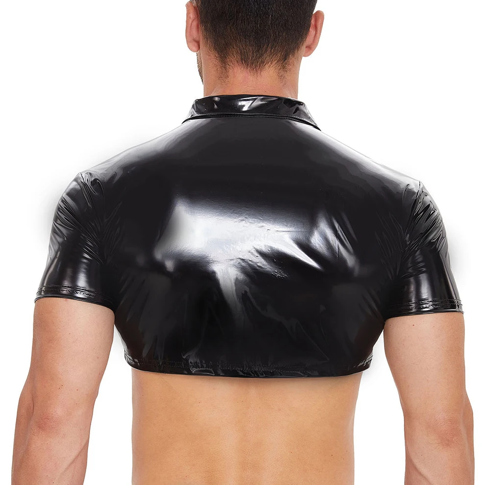 Men's Short Sleeve Tees Button-up T-shirts Glossy Wet Look Half Length Crop Tops Turn-down Collar Blouse Sexy PVC Leather Shirts