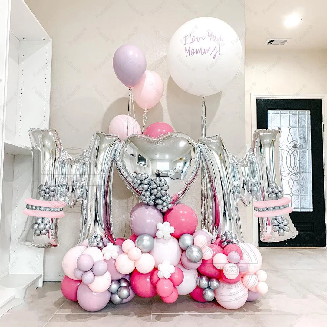 

Sliver Letter Mother's Day Balloons Garland Arch Kit 90Pcs Mom Large Love Shape Aluminum Film Balloon Baby Shower Decor Supplies