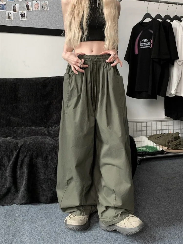 HOUZHOU workowate spodnie Cargo damskie letnie Y2k Streetwear Vintage sznurek luźne spodnie dresowe casualowe spodnie z szerokimi nogawkami spodnie Hip hopowe
