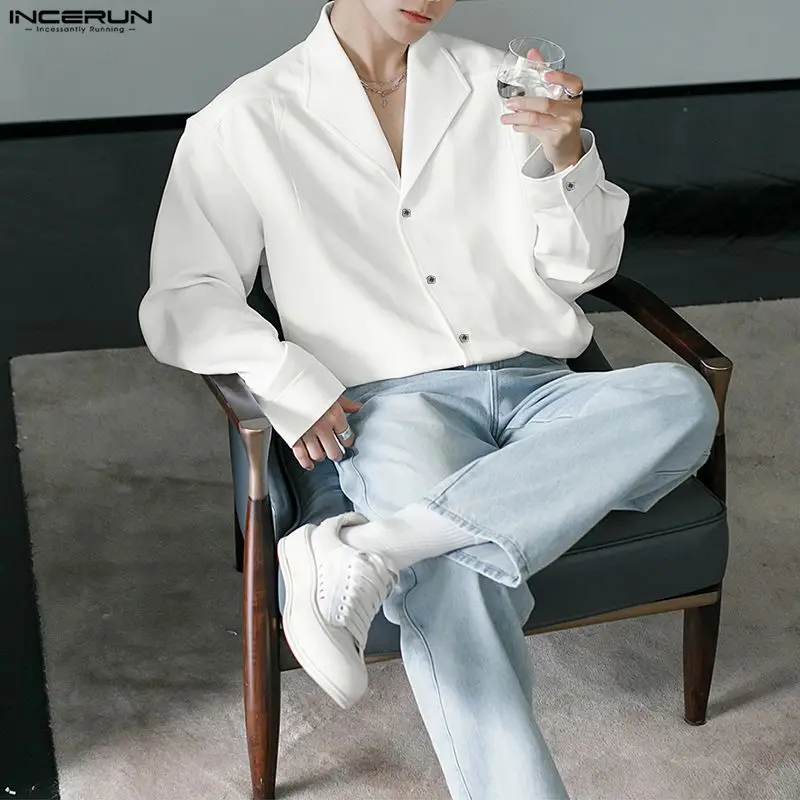 

INCERUN Мужская рубашка сплошной цвет с лацканами и длинными рукавами на пуговицах свободная повседневная мужская одежда уличная мода для отдыха мужские рубашки топы