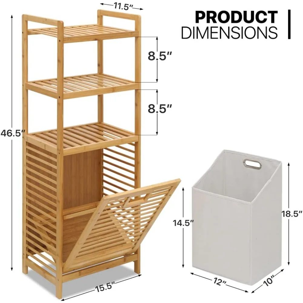 3-Tier Bamboo Tilt-Out Laundry Hamper with Pull-Out Basket,46.5