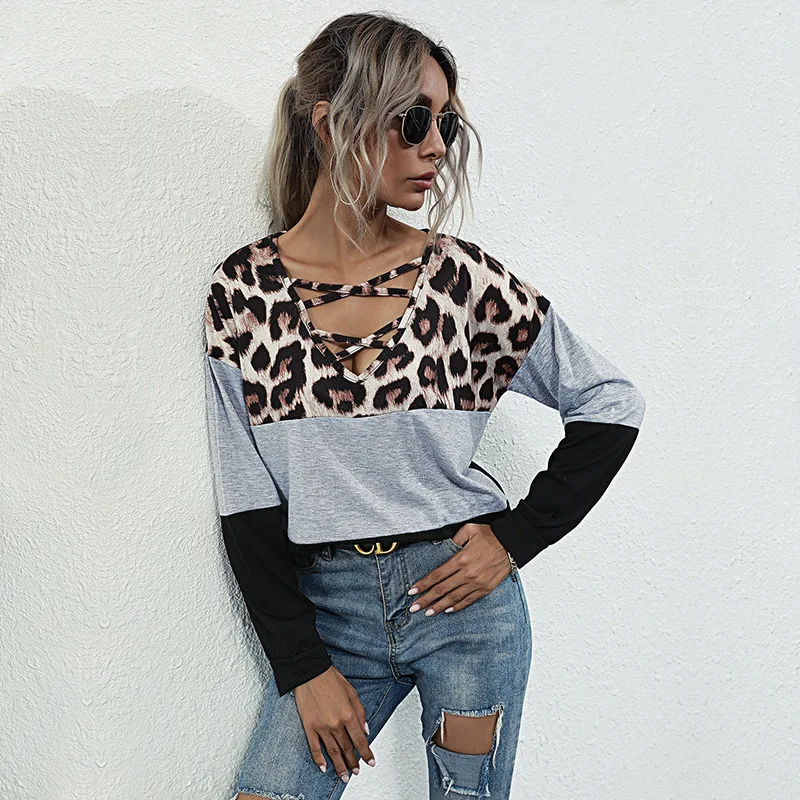 New Autumn Fashion Women's Leopard Print Stitching Loose Slim T-shirt Long Sleeve Trend Contrast Color Joker Pullover Ladies