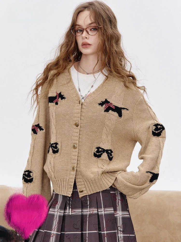 

Женский вязаный кардиган Elfsa в винтажном стиле с принтом собак, осенний, повседневный, свободного кроя, с длинным рукавом, V-образный вырез