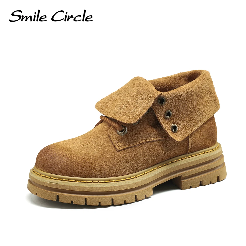 Smile Circle Women Ankle Boots Cow Leather Platform Boots Autumn/Winter Lace-up Chunky Boots for Women Shoes Two ways to use