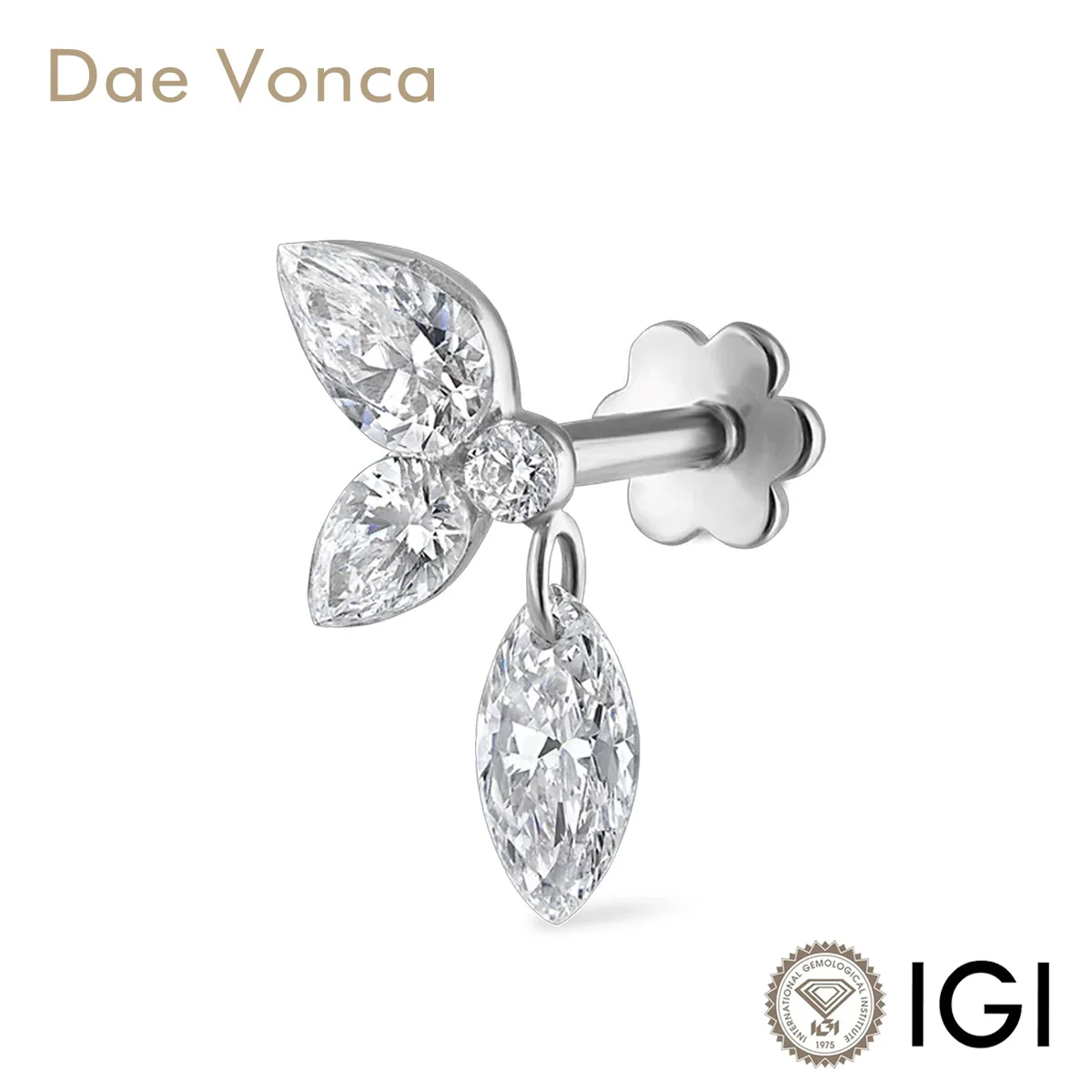 

Single Earring 9K/14K/18K White Gold Lab Grown Pear&Marquise Shape Diamond Threaded Stud Earring Fine Jewelry for Women