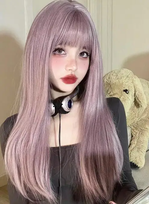 22Inch Pinky Light Purple Synthetic Wigs With Natural Straight Hair Wig for Women Daily Use Cosplay Heat Resistant