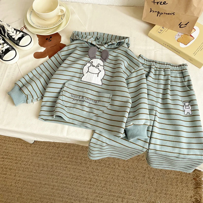 

CT257305Children's Suit2025Spring New Striped Pocket Patch Cute Cartoon Hooded Pants Set