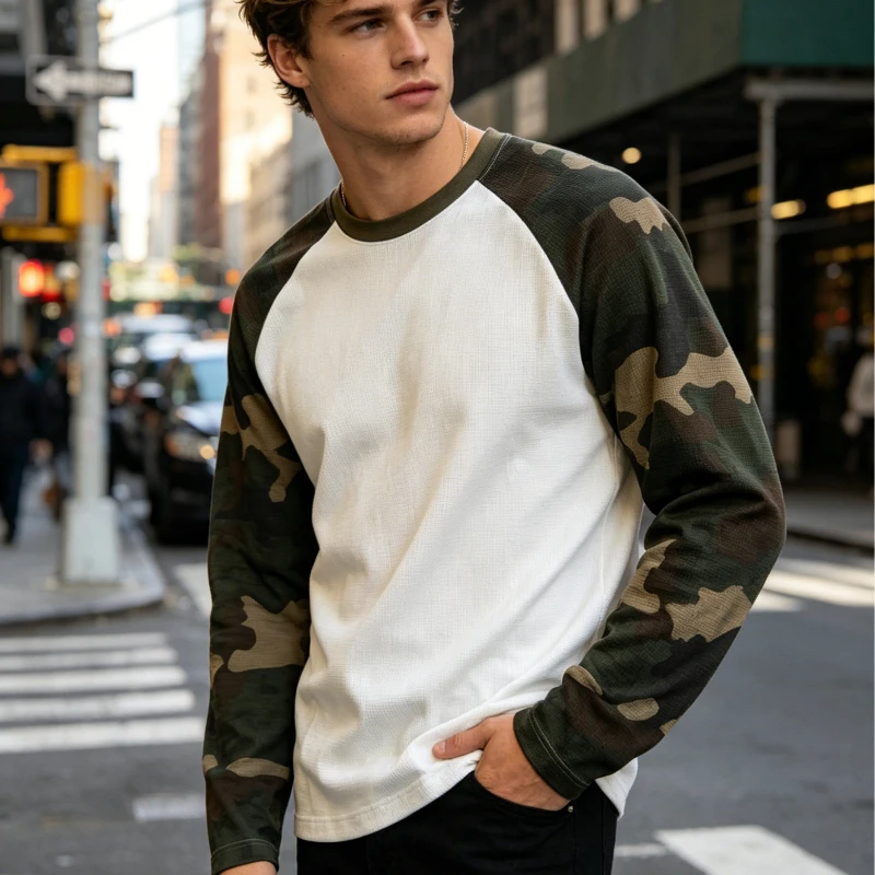 2026 New Camouflage Sleeve Black Waffle T-Shirt Men Hip Hop Streetwear Crew Neck Tops view 6
