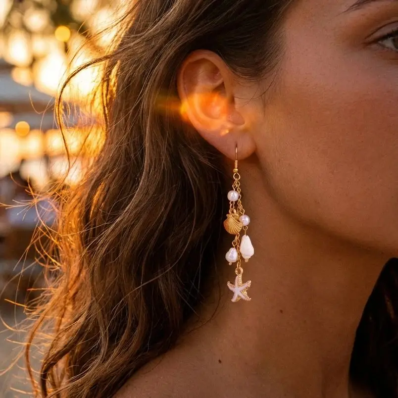 

Bohemia Long Tassel Earrings for Women Gold Color Starfish Shell Pearl Drop Earring Summer Beach Vacation Jewelry Accessories
