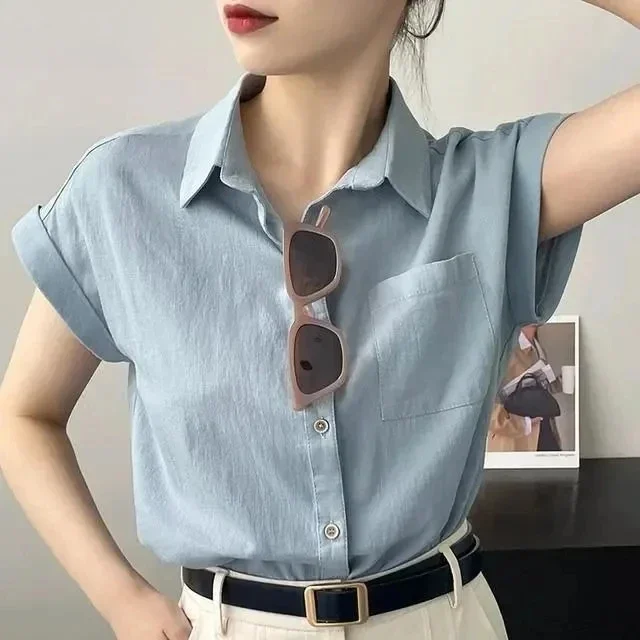 

Women's Korean Version of Loose Short-sleeved Polo Shirt Chiffon Lapel Shirt Summer New Fashion Tops Thin Shirt Button Cardigan