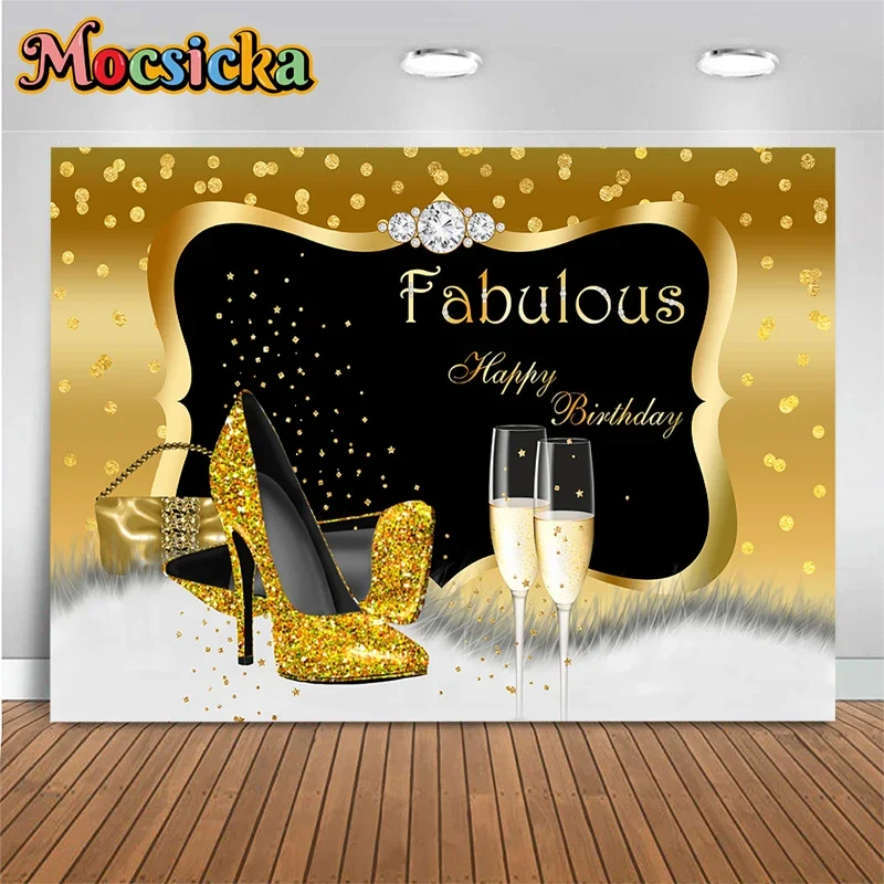 Mocsicka Women Birthday Decoration Background Gold High Heel Wineglass Bow Tie Golden Ribbon Customed Adult Portrait Photo Props