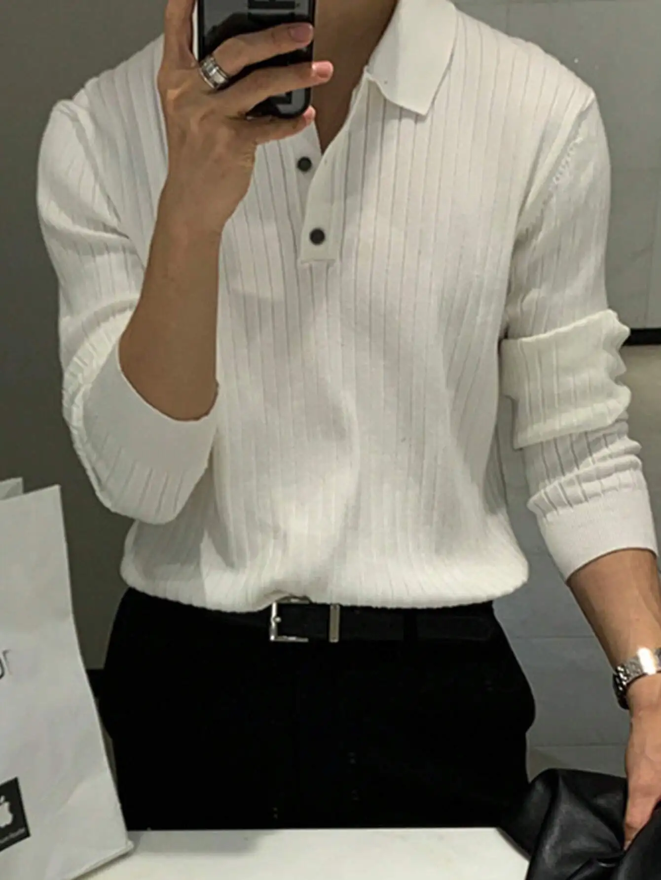 

Men's White Ribbed Long Sleeve Polo Shirt, Casual Fit for Fall