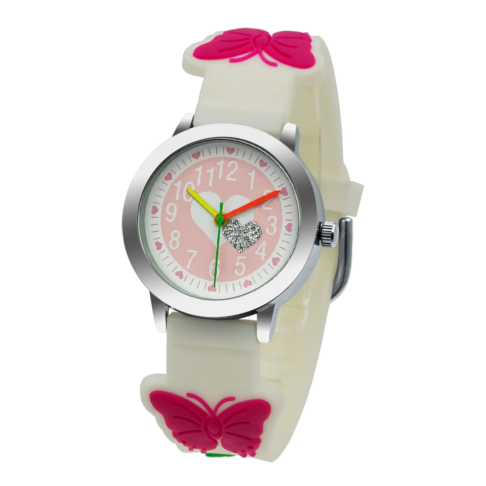 3D Butterfly Cartoon Silicone Watch Band Children's Watch Pink White Glow Small Dial Boys and Girls Sports Watch Clock Relojes