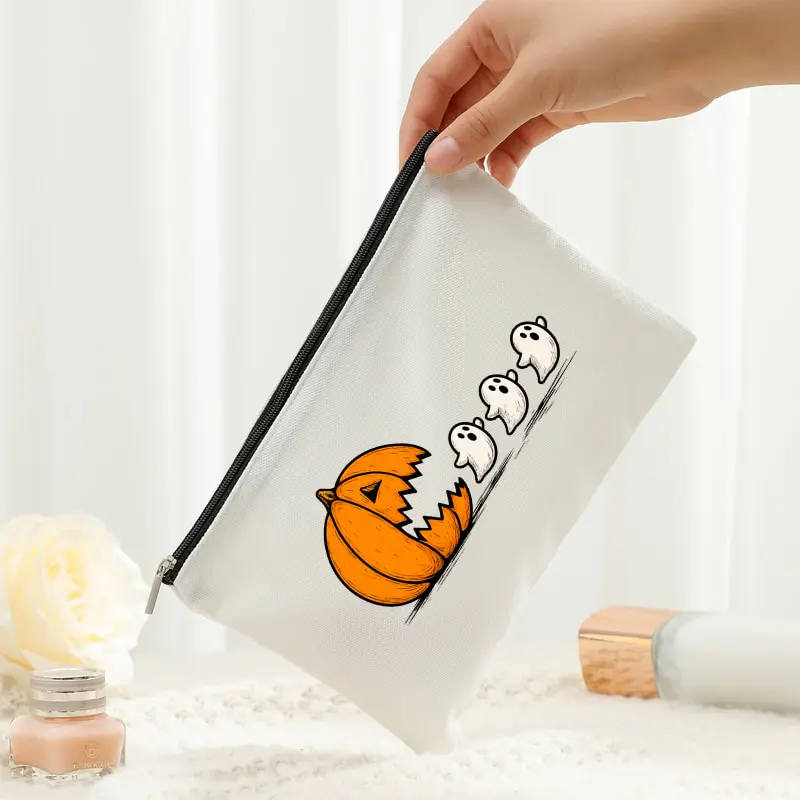 Funny Halloween Pumpkin Eating Ghosts Canvas Cosmetic Bag Cute Jack O Lantern Print Zipper Pouch Portable Makeup Storage Bag