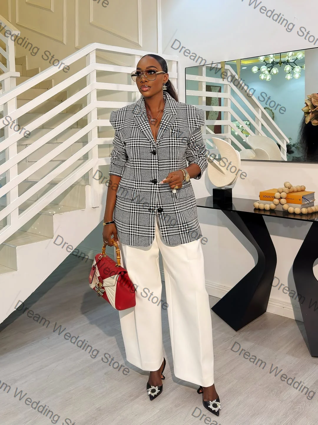 Houndstooth Women Suit Set 2 Pcs Blazer+Pants Trousers Autumn Cotton Wedding Formal Office Lady Jacket Customized Bridal Coat