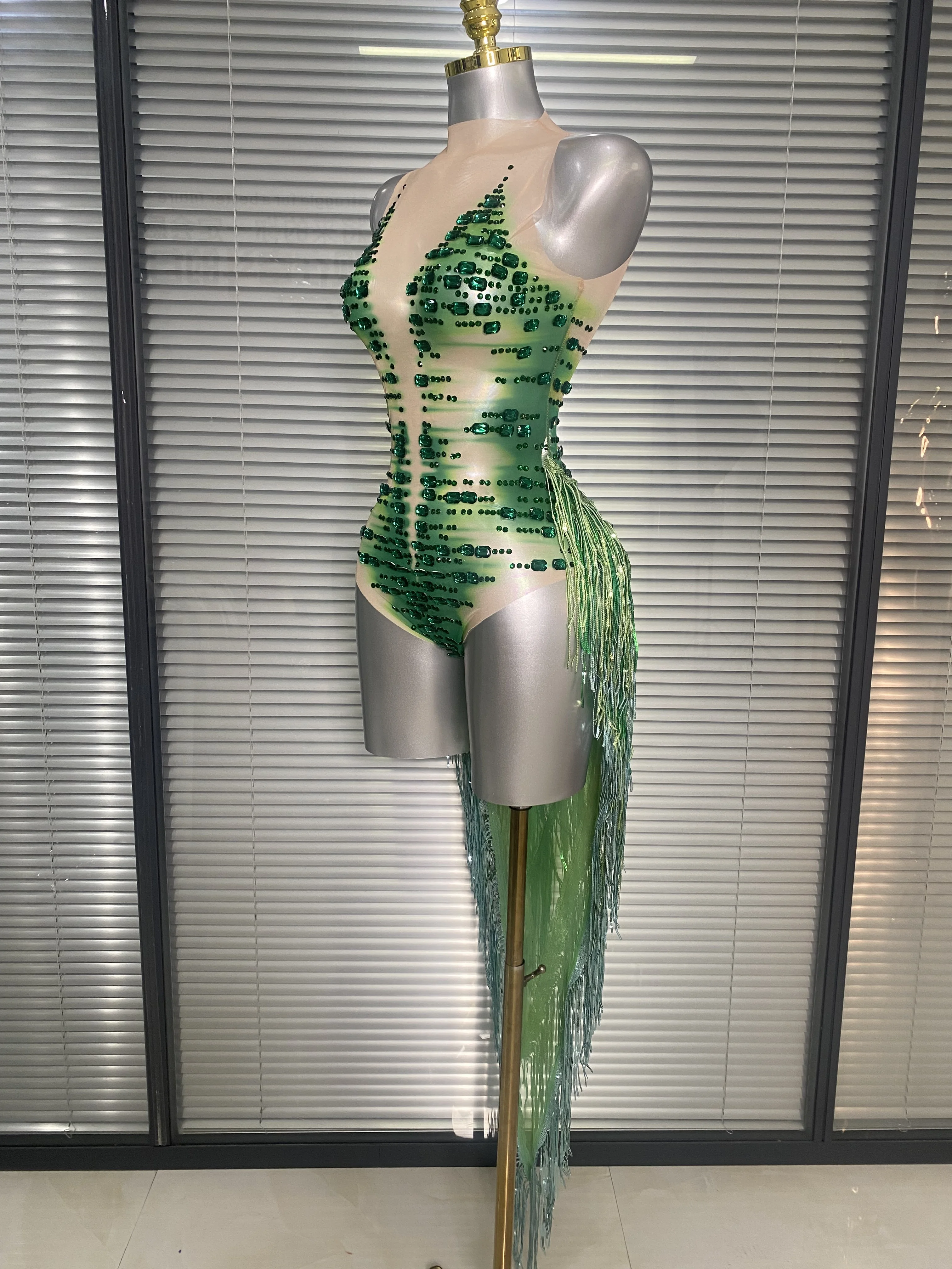 Sparkly Crystal Rhinestone Sleeveless Tassels See Through Mesh Bodysuit Women Sexy Backless One piece Stage Performance Costume