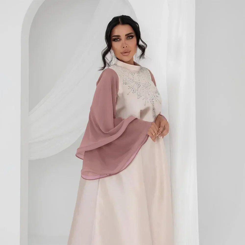 Femme Musulman for Middle East Arabia Satin Gown Evening Dress Abayas for Women Patchwork Flare Sleeve Diamond Muslim Dresses