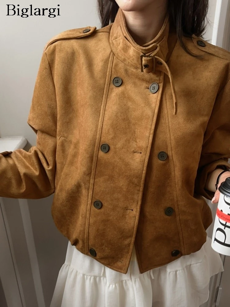 

Осеннее бархатное пальто в стиле ретро из кожи оленя, женские свободные женские укороченные куртки в корейском стиле, модные женские пальто с длинными рукавами