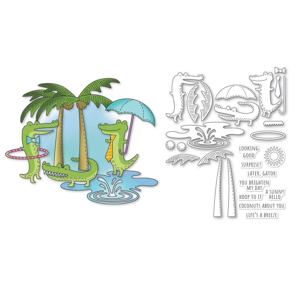 New June 2024 Whittle Tropical Gator Kit Metal Cutting Dies and Clear Stamps for Scrapbooking Frame Card Craft Supplies