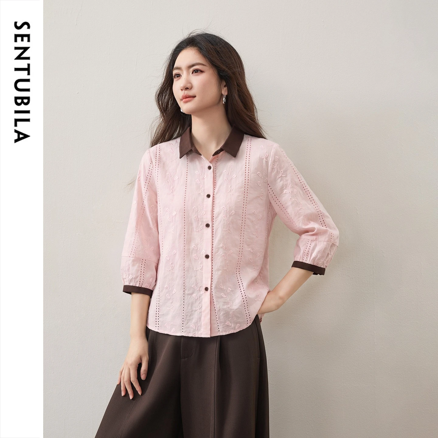 SENTUBILA 100% Cotton Shirts for Woman 2026 French Color Block 3/4 Sleeve Hollow Embroidered Loose Autumn Ladies Tops 163CA7959