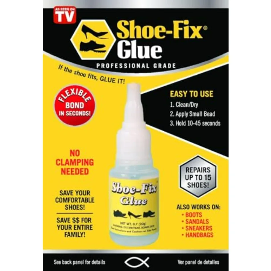 

Shoe-Fix Glue Professional Grade Repair Adhesive for All Footwear Instant Bond, Clear Drying, Flexible, and Durable for Heels,