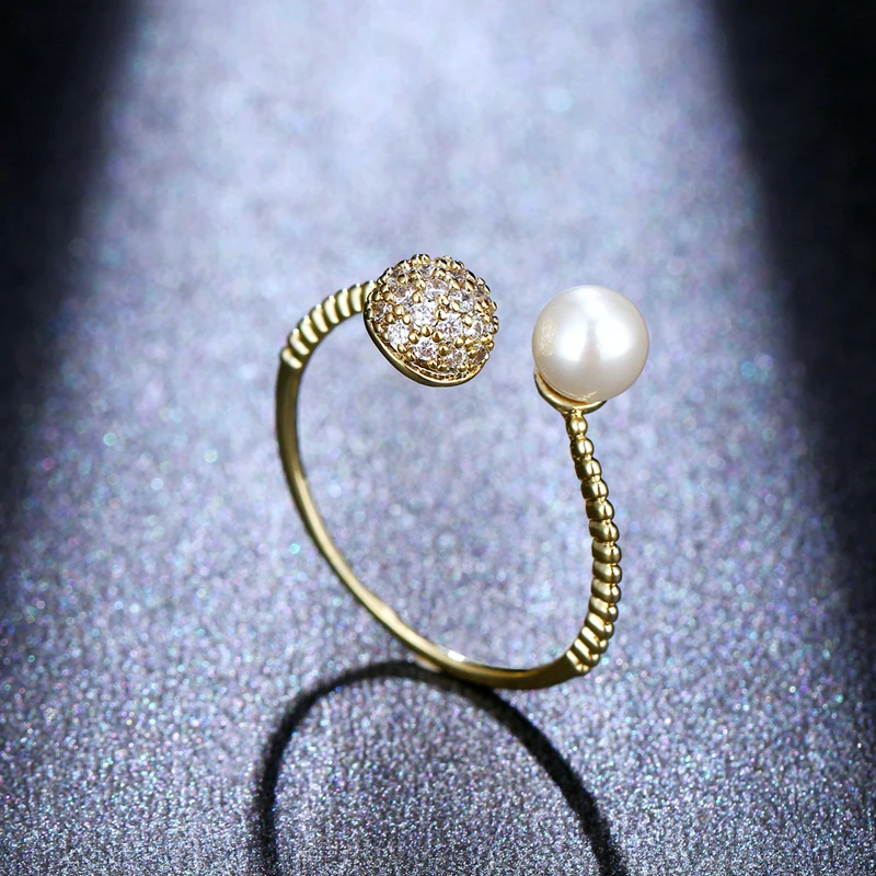 SUGO موضة جديدة رائعة لون ذهبي لؤلؤي مع مجموعة صغيرة من أحجار الراين خواتم مفتوحة للنساء الأنيقات هدية عيد ميلاد جميلة #3