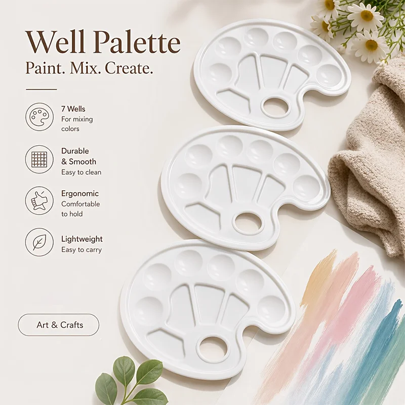 6 PCS Artist Paint Palettes, 6 plastic art color palettes, with thumb holding holes, lightweight and sturdy in material, smooth surface for easy cleaning, convenient for holding and stacking for storage, suitable for various paints such as watercolor.