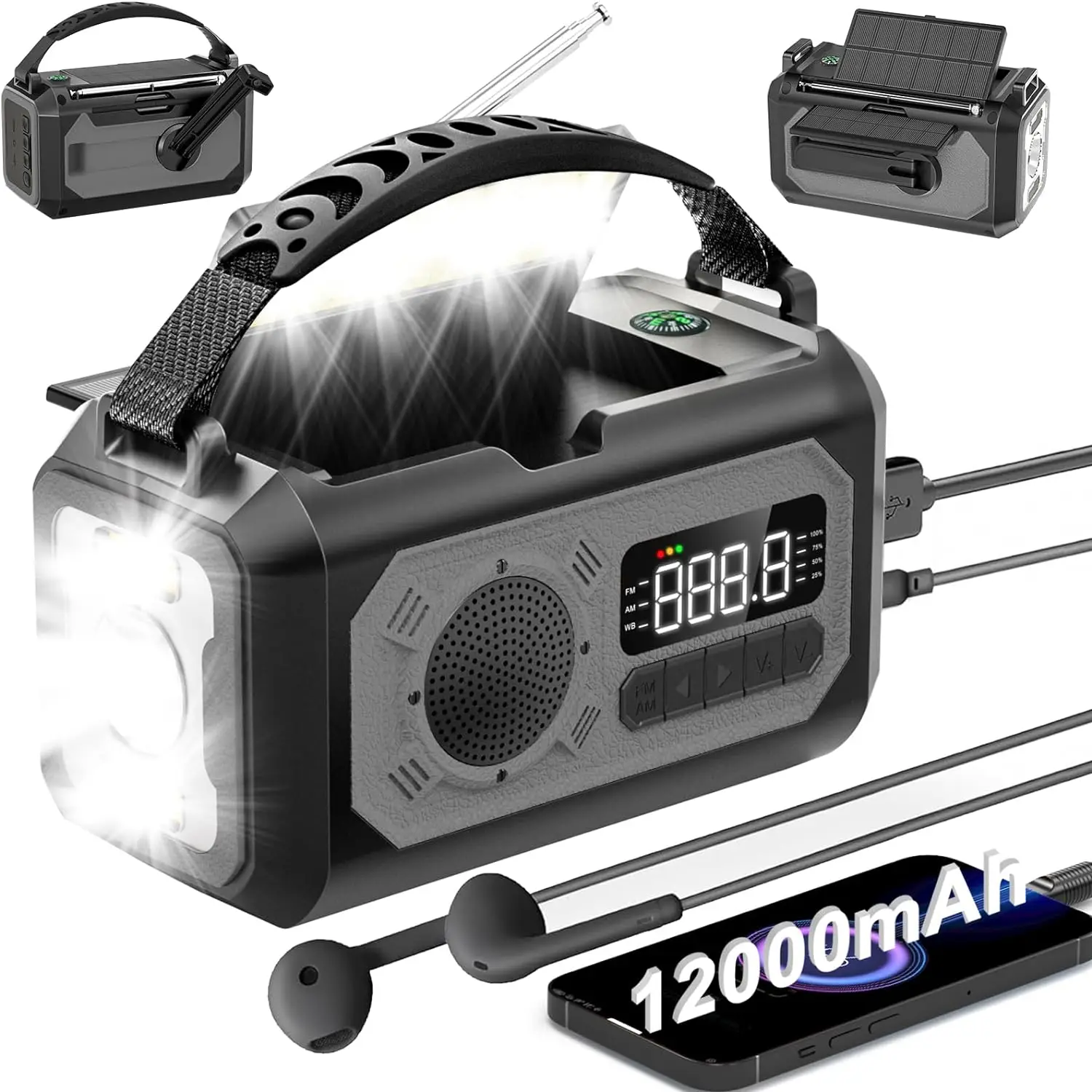 Sell Well 12000mAh Emergency Weather Radio Hand Crank Radio Solar Charging Portable AM/FM/NOAA Radio with SOS Alarm Flashlight