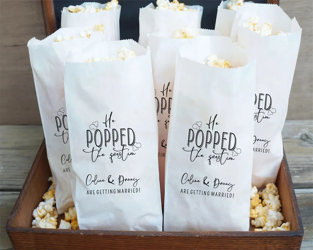 

50 PCS Engagement Party Favors, Popcorn Bags, He Popped The Question, Bridal Shower - Personalized, Customized - Grease Resista