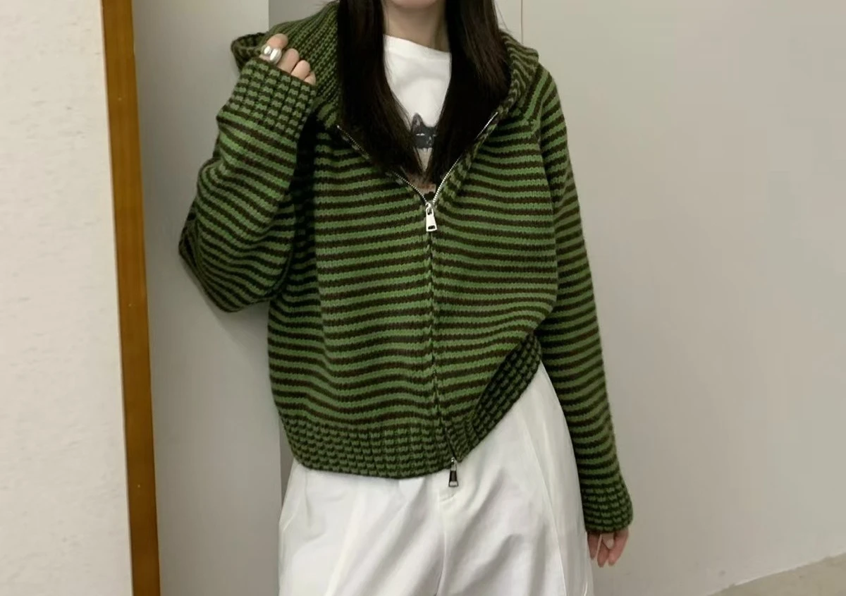 

Striped Hooded Sweater Cardigan Women's Autumn and Winter New Loose Jacket