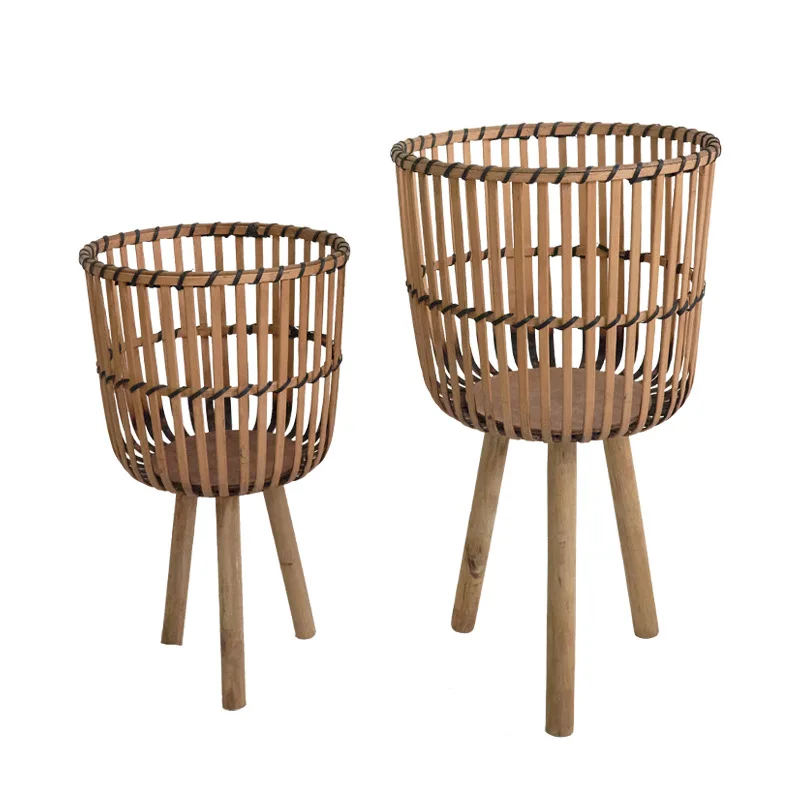Wholesale Handmade rattan balcony flower stand homestay weaving solid wood green plant flower pot  living room garden ornament