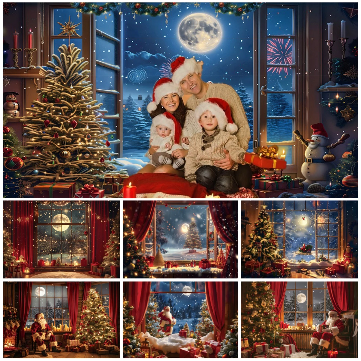 

Christmas Eve Backdrop Red Curtains Wooden Windows Indoor Scene Xmas Tree Gift Christmas Decoration Backgrounds for Photographs