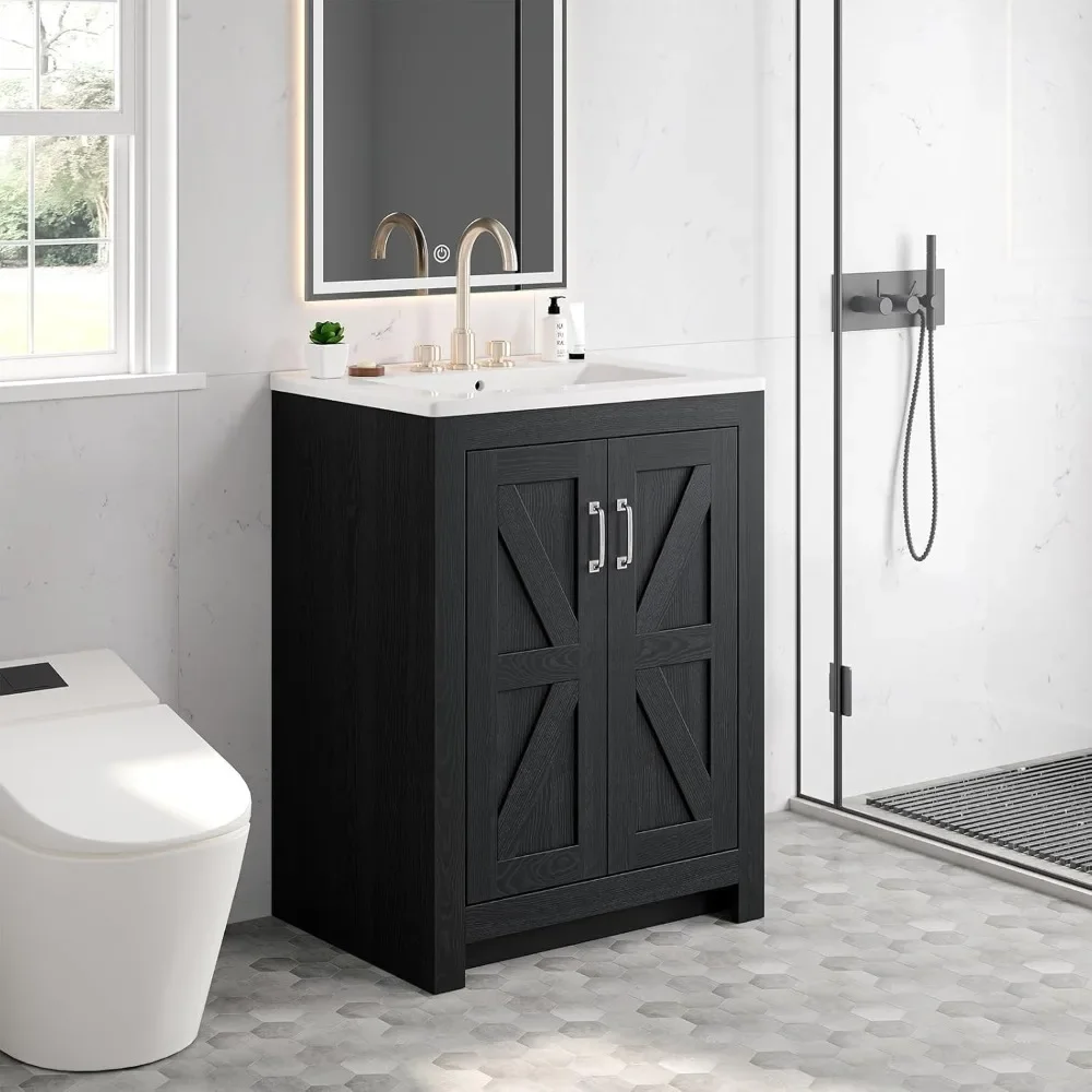 

Bathroom Vanity with Ceramic Sink, 24 Inch Bathroom Vanities with 2 Soft-Close Door & Metal Handle, Modern Single Sink Vanity