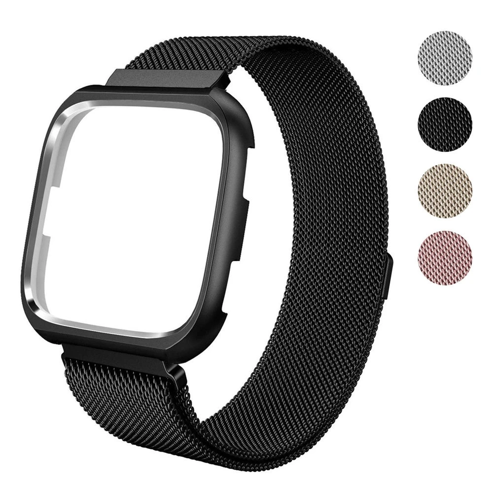 Magnetic Stainless Steel Metal Strap + Metal Protective Case Bumper for Fitbit Versa Smart watch