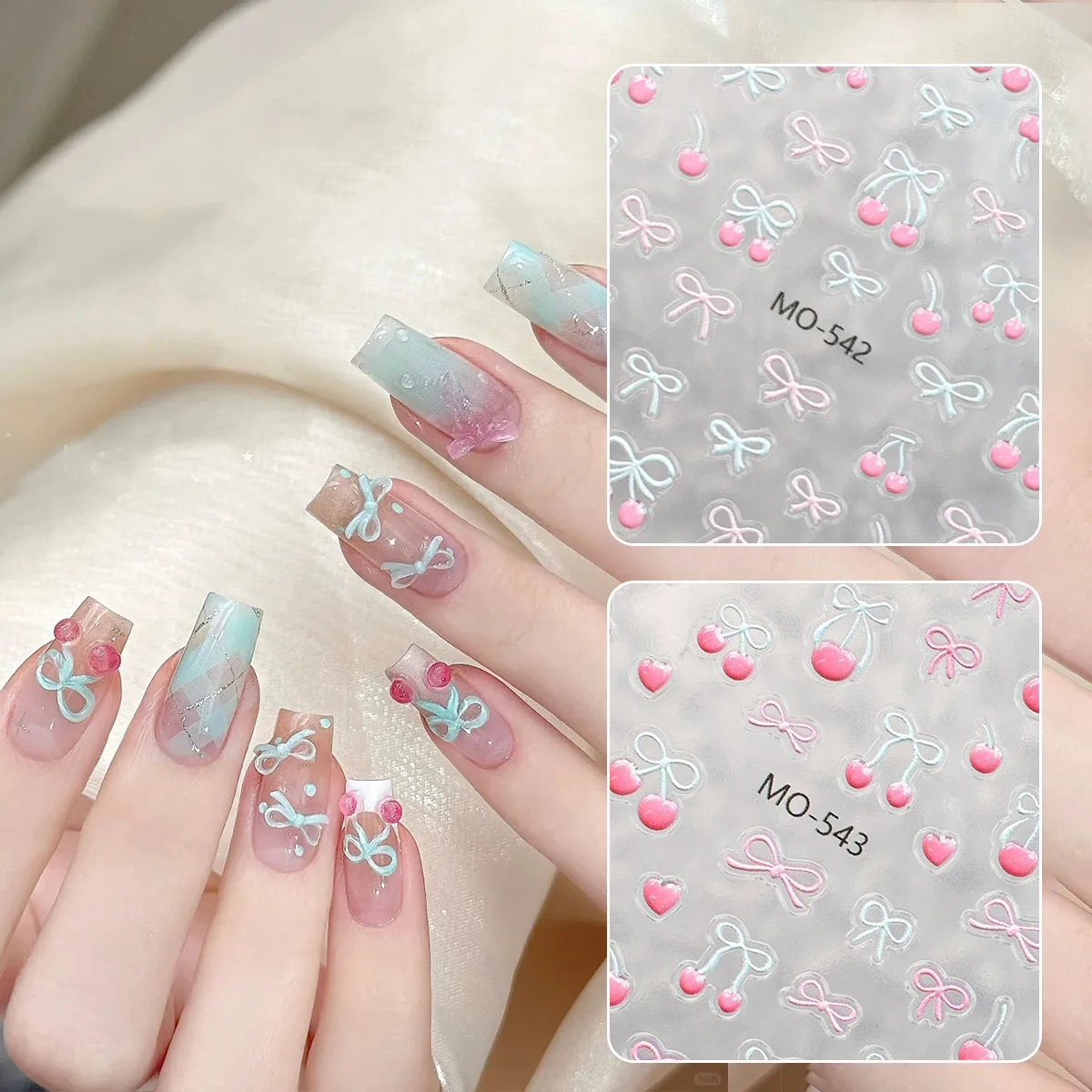 1 stks 3D Mint Cherry Strik Verse Jelly Nail Charm Stickers Reliëf Slider Decals Zomer Zelfklevende Manicure Decoratie