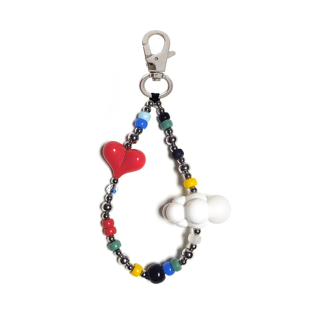 Bead Red Heart Keychain Y2K Cloud Colored Beads Key Chain Bag Phone Handmade Pendant For Women Girls Gift Korea Accessories