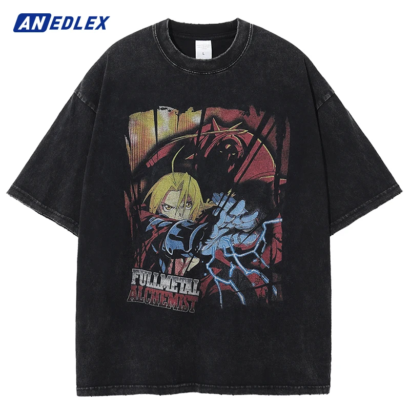 Men Harajuku Streetwear Vintage TShirt Japanese Anime Print Oversized Casual Washed Black T-Shirt Summer Short Sleeve Tops Tees