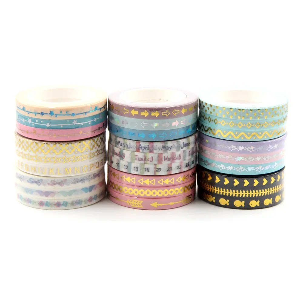 New 5mm Gold foil washi tape set arrows, hearts, stars designs colorful slim washi tape 3 rolls/per lot length 10mm