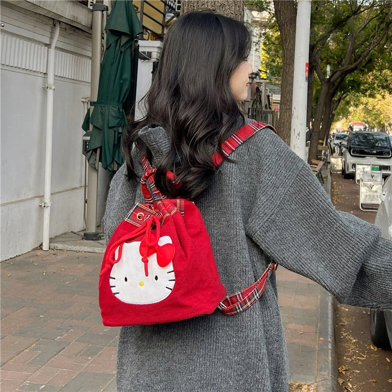 Sanrio-Mini mochilas rojas de Hello Kitty para niña, bolso de hombro Vintage de estilo japonés coreano, bolso de moda Y2k, dibujos animados de Navidad